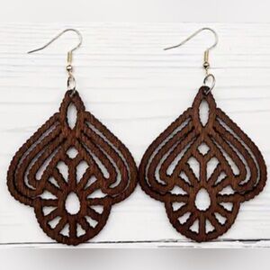 Elegant Wooden Earrings Laser Cut Filagree Teardrop Brown/Gold NWT